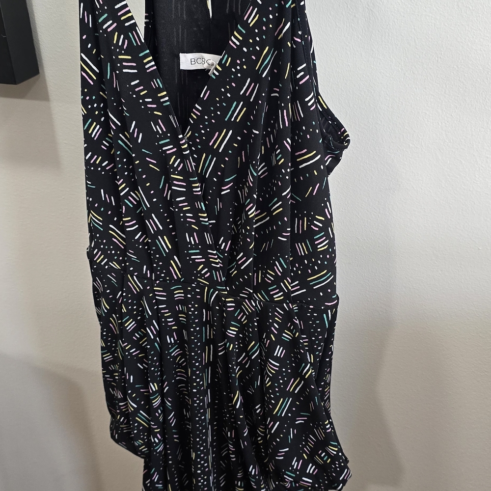 BCBG Black Wrap Dress with Colorful Confetti Print
